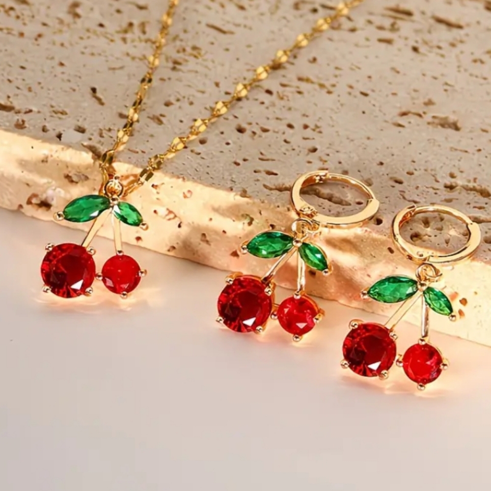 CHERRY SET NECKLACE / EARRINGS FRENCH BACK CLOSURES 20 IN CHAIN
